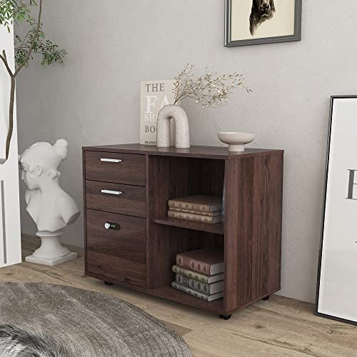 TFXATFX Brown Oak Drawer Wood File Cabinet with Coded Lock Mobile Lateral Filing Cabinet Printer Stand with Open Storage Shelves for Home Office Modern Popular Wood Grain