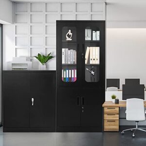 intergreat locking metal cabinet with lock, tall office storage cabinet with glass door, lockable black steel cabinet with 3 adjustable shelves for home, clinic, pantry, basement, (72”x 36” x18”)