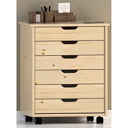 Linon Callie Multipurpose Six Drawer Dresser Wide Wood Rolling File Cabinet Storage Cart in Natural