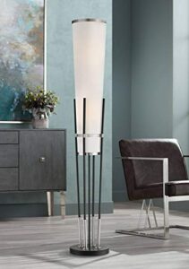 possini euro design flute modern torchiere floor lamp standing 64″ sleek satin black brushed nickel metal tall white tapering cone linen shade for living room reading house bedroom home office