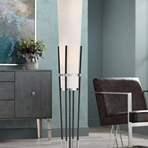 Possini Euro Design Flute Modern Torchiere Floor Lamp Standing 64" Sleek Satin Black Brushed Nickel Metal Tall White Tapering Cone Linen Shade for Living Room Reading House Bedroom Home Office