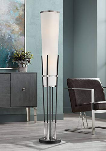 Possini Euro Design Flute Modern Torchiere Floor Lamp Standing 64" Sleek Satin Black Brushed Nickel Metal Tall White Tapering Cone Linen Shade for Living Room Reading House Bedroom Home Office