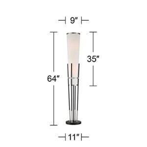 Possini Euro Design Flute Modern Torchiere Floor Lamp Standing 64" Sleek Satin Black Brushed Nickel Metal Tall White Tapering Cone Linen Shade for Living Room Reading House Bedroom Home Office