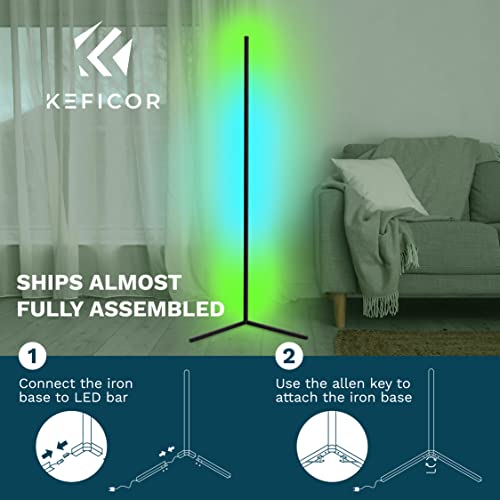 Keficor RGB LED Corner Floor Lamp, Color Changing Standing Floor Lamp for Ambient Lighting for Living Room and Bedroom, Adjustable and Dimmable Tall Lamp with Remote, 56 Inch, Black