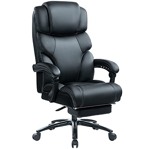 KCREAM High Back 400LBS Leather Executive Chair Reclining Office Chair with Footrest Heavy Duty Metal Base & Linkage Armrests Computer Task Chair 360° Swivel Leather Executive Desk Chair (Black)