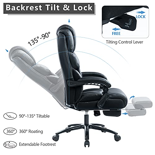 KCREAM High Back 400LBS Leather Executive Chair Reclining Office Chair with Footrest Heavy Duty Metal Base & Linkage Armrests Computer Task Chair 360° Swivel Leather Executive Desk Chair (Black)