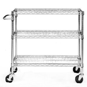 TRINITY EcoStorage Heavy Duty 3 Tier Rolling Cart for Kitchen Organization, Garage Storage, Commercial and Industrial Use, NSF Certified, 800 Pound Capacity, 40.25” by 36” by 18”, Chrome