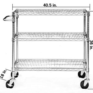 TRINITY EcoStorage Heavy Duty 3 Tier Rolling Cart for Kitchen Organization, Garage Storage, Commercial and Industrial Use, NSF Certified, 800 Pound Capacity, 40.25” by 36” by 18”, Chrome