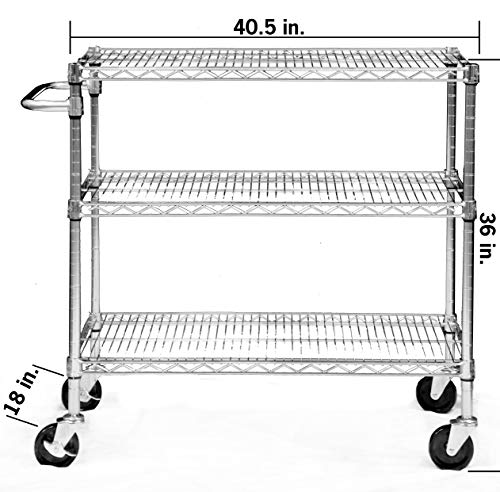 TRINITY EcoStorage Heavy Duty 3 Tier Rolling Cart for Kitchen Organization, Garage Storage, Commercial and Industrial Use, NSF Certified, 800 Pound Capacity, 40.25” by 36” by 18”, Chrome