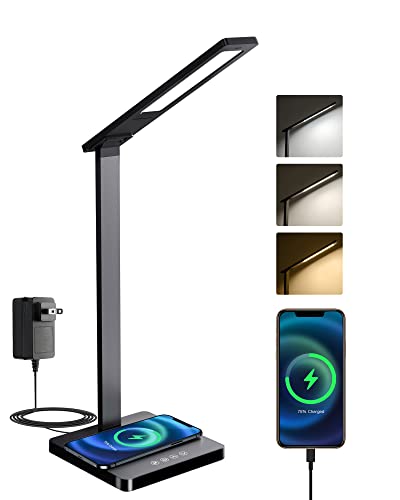 Flymuda LED Desk Lamp with 15W Wireless Charger & USB Charging Port, EyeCare Desk Light with 3 Lighting Modes, 5 Brightness Levels, Touch Control, 24W Adapter, Black Desk Lamp for Home Office