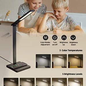 Flymuda LED Desk Lamp with 15W Wireless Charger & USB Charging Port, EyeCare Desk Light with 3 Lighting Modes, 5 Brightness Levels, Touch Control, 24W Adapter, Black Desk Lamp for Home Office