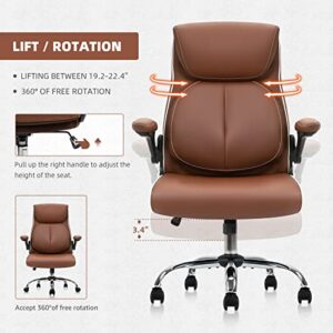 YAMASORO Ergonomic Office Chair High Back Comfortable Desk Chairs with Wheels and Flip-up Arms Leather Computer Chairs with Lumbar Support,Brown…