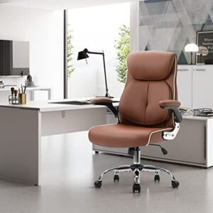 YAMASORO Ergonomic Office Chair High Back Comfortable Desk Chairs with Wheels and Flip-up Arms Leather Computer Chairs with Lumbar Support,Brown…