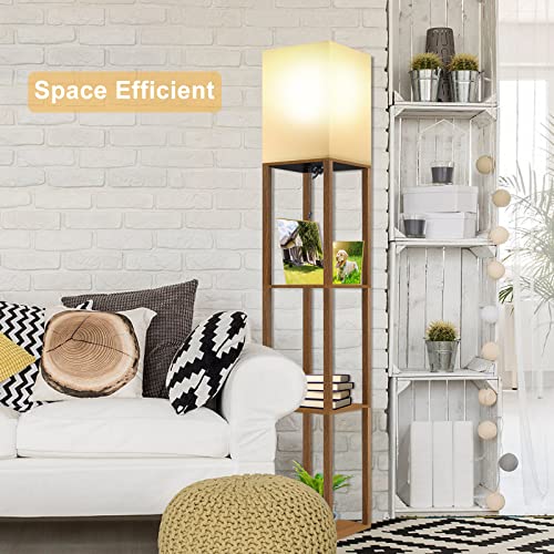 MOFFE Column Floor Lamp with Shelves, Modern Shelf Floor Lamp with 9W LED Bulb, 3 Tier Storage Display Standing Reading Lamp Narrow Corner Nightstand Light for Bedroom Living Room, Walnut