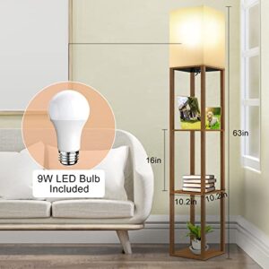 MOFFE Column Floor Lamp with Shelves, Modern Shelf Floor Lamp with 9W LED Bulb, 3 Tier Storage Display Standing Reading Lamp Narrow Corner Nightstand Light for Bedroom Living Room, Walnut