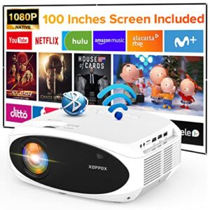 1080p native wifi projector bluetooth- xoppox hd outdoor movie projector with 9000:1 contrast for home cinema, portable video projector compatible pc/laptop/pad/ ps4/ phones [come with 100” screen]