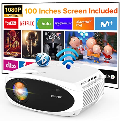 1080P Native WiFi Projector Bluetooth- XOPPOX HD Outdoor Movie Projector with 9000:1 Contrast for Home Cinema, Portable Video Projector Compatible PC/Laptop/Pad/ PS4/ Phones [Come with 100” Screen]