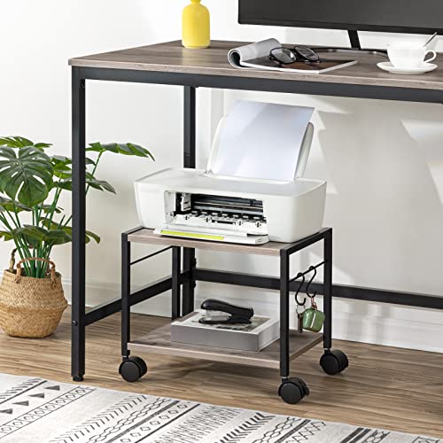 ALLOSWELL Mobile Printer Stand, 2-Tier Printer Cart with Storage, Under Desk Storage Rolling Cart on Wheels and 2 Hooks, Industrial Printer Table, for Home, Office, Scanner, Greige PTHG2001