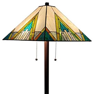 Tiffany Style Mission Standing Floor Lamp 62" Tall Stained Glass Yellow Green Brown Tan Antique Vintage Light Decor Bedroom Living Room Reading Gift Amora Lighting AM353FL17