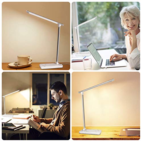 MEILEYII LED Touch Control Desk Lamp with USB Charging Port,Adjustable Touch Control Table Lamp with 5 Lighting Modes & 5 Brightness Levels,Automatic Shutdown at Regular Time,Bedroom,Office,Silver