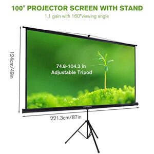 100 Inch Projector Screen with Stand for Movie Projection, Large White Movie Screen, Portable Video Projection Screen for Backyard Home Theater, Office Meeting Room, Outdoor Advertising Camping