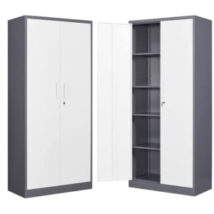 bynsoe metal storage cabinet steel locker cabinets with locking door and 4 adjustable shelves, steel classic storage cabinet for home, school, office, garage (grey white)
