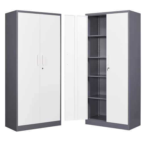 BYNSOE Metal Storage Cabinet Steel Locker Cabinets with Locking Door and 4 Adjustable Shelves, Steel Classic Storage Cabinet for Home, School, Office, Garage (Grey White)