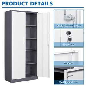 BYNSOE Metal Storage Cabinet Steel Locker Cabinets with Locking Door and 4 Adjustable Shelves, Steel Classic Storage Cabinet for Home, School, Office, Garage (Grey White)