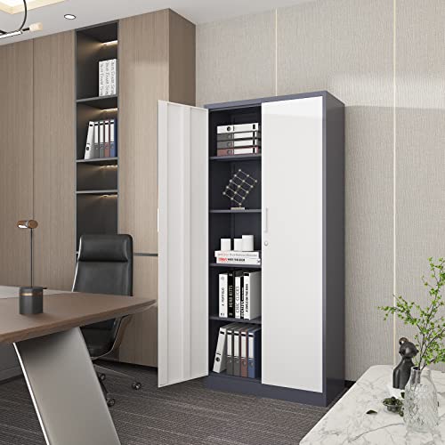 BYNSOE Metal Storage Cabinet Steel Locker Cabinets with Locking Door and 4 Adjustable Shelves, Steel Classic Storage Cabinet for Home, School, Office, Garage (Grey White)