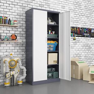 BYNSOE Metal Storage Cabinet Steel Locker Cabinets with Locking Door and 4 Adjustable Shelves, Steel Classic Storage Cabinet for Home, School, Office, Garage (Grey White)