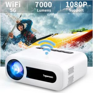 toperson 5g wifi mini home video projector, 1080p support 7000lm 200” portable movie theater projector for iphone android smartphone, tv stick, usb, hdmi, xbox, ps4, laptop, tablet, pc