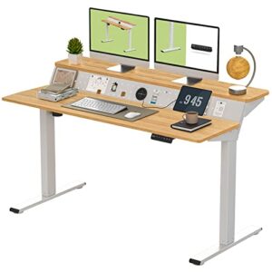 flexispot e1fr height adjustable standing desk 55 inches 2 tier electric sit stand up home office desk with memory controller pegboard ergonomic workstation (white frame + 55″ maple top)