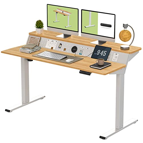 FLEXISPOT E1FR Height Adjustable Standing Desk 55 Inches 2 Tier Electric Sit Stand Up Home Office Desk with Memory Controller Pegboard Ergonomic Workstation (White Frame + 55" Maple Top)