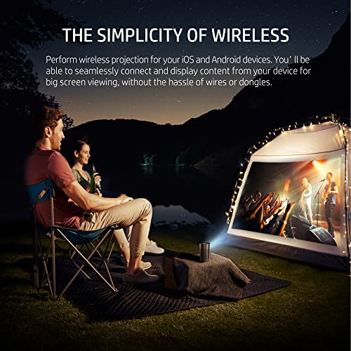 HP Mobile Projector | Portable for Home & Office | LED Home Theater & Bluetooth Speaker for Phone or Tablet | 80” Display w/ Auto Focus | Wireless HDMI, USB, Wi-Fi for Roku, Chromecast, or Firestick