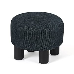 joveco foot stool small round ottoman, linen fabric footrest with non-skid plastic legs, pet step stool padded foot rest for couch desk chair office living room dogs (blue-black)