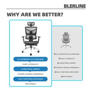 blerline Ergonomic Office Chair, Tall Comfortable Home Office Computer Desk Chair with Wheels, with 4d Armrests Headrest High Back Lumbar Support Reclining Mesh Office Chair, for Gaming, Work (Black)