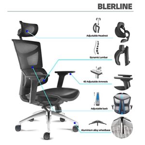 blerline Ergonomic Office Chair, Tall Comfortable Home Office Computer Desk Chair with Wheels, with 4d Armrests Headrest High Back Lumbar Support Reclining Mesh Office Chair, for Gaming, Work (Black)