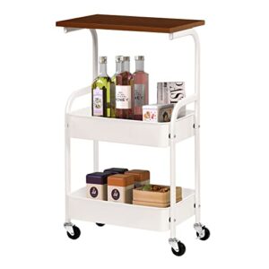 rêvelife 3 tier rolling storage cart metal utility cart with lockable wheels wooden top mobile print stand heavy duty storage organizer for home office kitchen living room, white