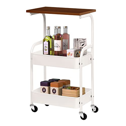 RêveLife 3 Tier Rolling Storage Cart Metal Utility Cart with Lockable Wheels Wooden Top Mobile Print Stand Heavy Duty Storage Organizer for Home Office Kitchen Living Room, White