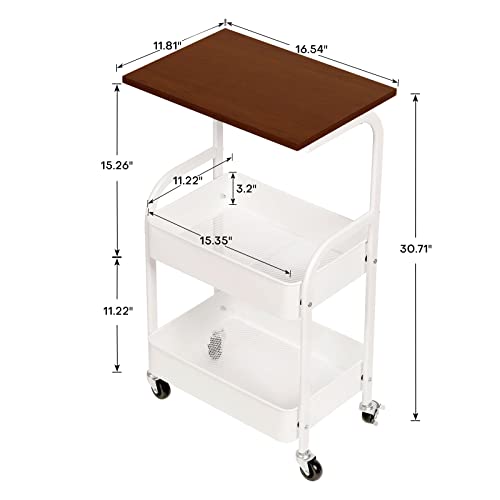 RêveLife 3 Tier Rolling Storage Cart Metal Utility Cart with Lockable Wheels Wooden Top Mobile Print Stand Heavy Duty Storage Organizer for Home Office Kitchen Living Room, White