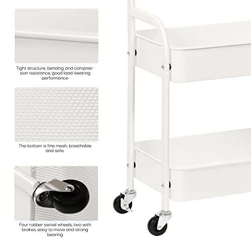 RêveLife 3 Tier Rolling Storage Cart Metal Utility Cart with Lockable Wheels Wooden Top Mobile Print Stand Heavy Duty Storage Organizer for Home Office Kitchen Living Room, White