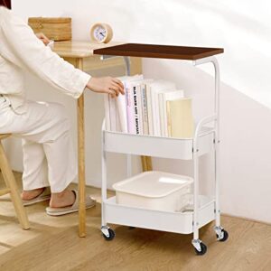 RêveLife 3 Tier Rolling Storage Cart Metal Utility Cart with Lockable Wheels Wooden Top Mobile Print Stand Heavy Duty Storage Organizer for Home Office Kitchen Living Room, White