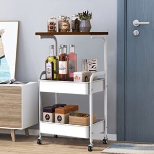 RêveLife 3 Tier Rolling Storage Cart Metal Utility Cart with Lockable Wheels Wooden Top Mobile Print Stand Heavy Duty Storage Organizer for Home Office Kitchen Living Room, White