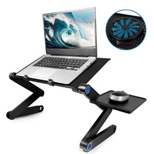 2020 new adjustable laptop stand, foldable aluminum laptop desk with large cooling fan & mouse pad for bed, sofa & couch lap tray