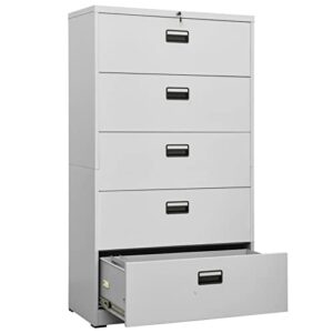 festnight 5 drawers filing cabinet rolling filing cabinet mobile file cabinet with lock for home, office light gray 35.4″x18.1″x64.6″ steel