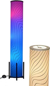 leonc design wello column 61inch floor lamp, standing lamp included 3 color changing rgb led bulb with remote, white linen shade and asian bamboo base for living room bedroom (61inch-black stripe)