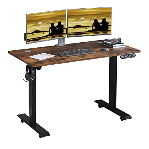 Jceet Adjustable Height Electric Standing Desk, 48 x 24 Inch Sit Stand Computer Desk with Lockable Casters, Stand Up Desk Table for Home Office, Black Frame+ Rustic Brown Top