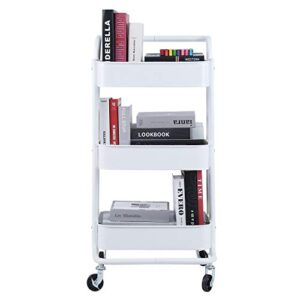 3-tier metal mesh rolling cart storage organizer with utility handle and wheels, white