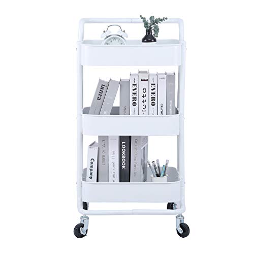 3-Tier Metal Mesh Rolling Cart Storage Organizer with Utility Handle and Wheels, White