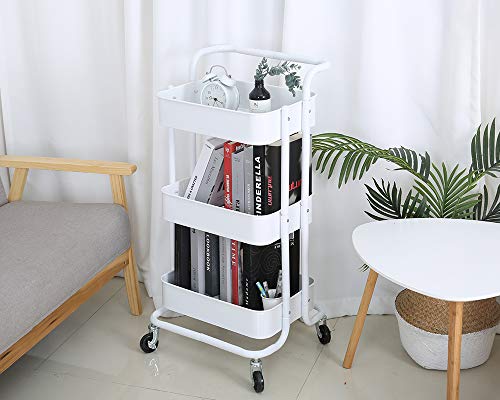 3-Tier Metal Mesh Rolling Cart Storage Organizer with Utility Handle and Wheels, White